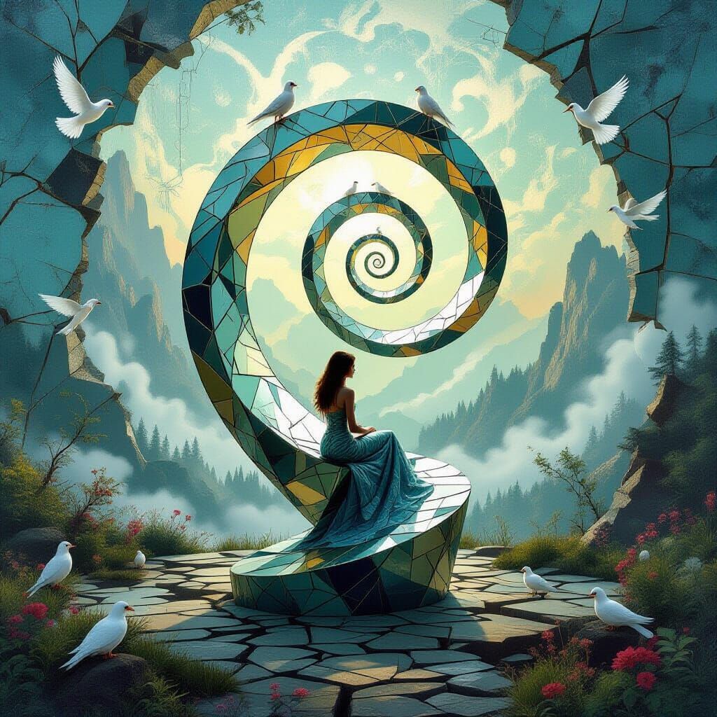 Surreal Sculpture with Mythical Creatures in Dreamlike Scene