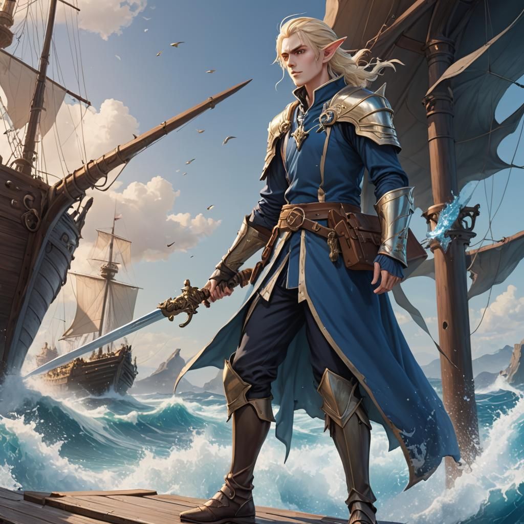 High Elf Sorcerer Battles at Sea in Anime Style