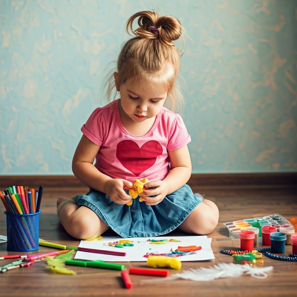Girl Creating Teddy Bear: Impressionistic Art Scene