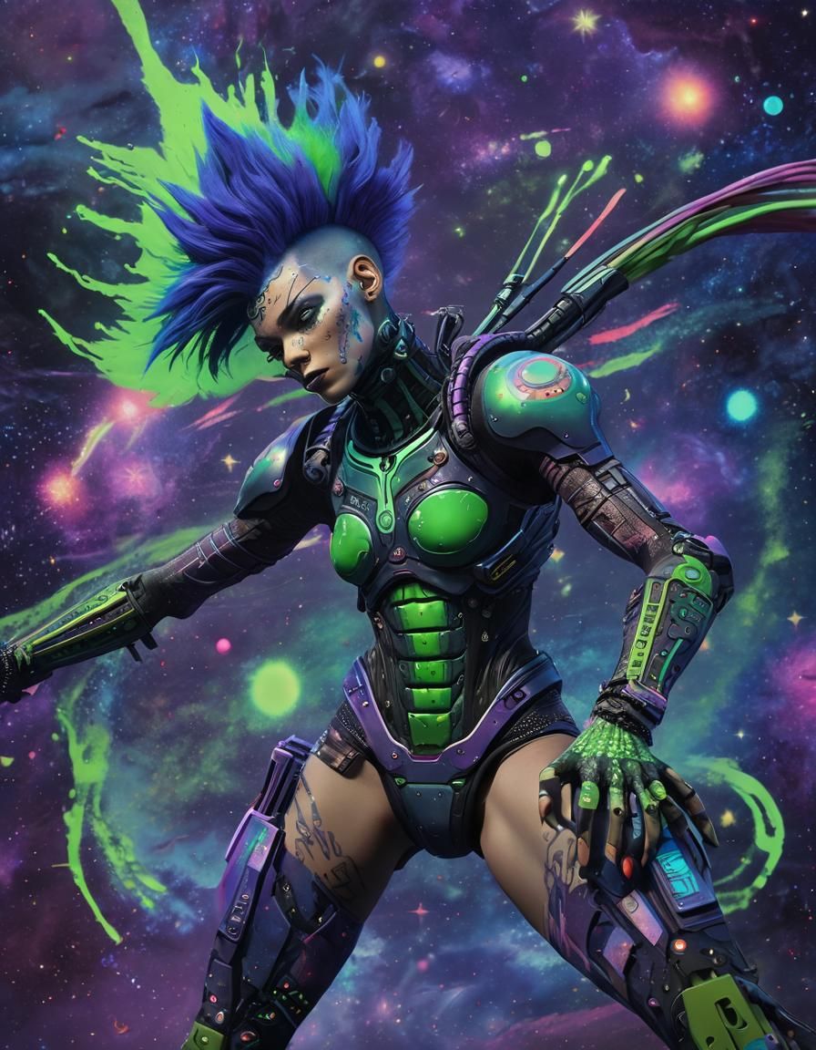 Punk Cyborg Floats in Starry Galaxy: Visionary Art