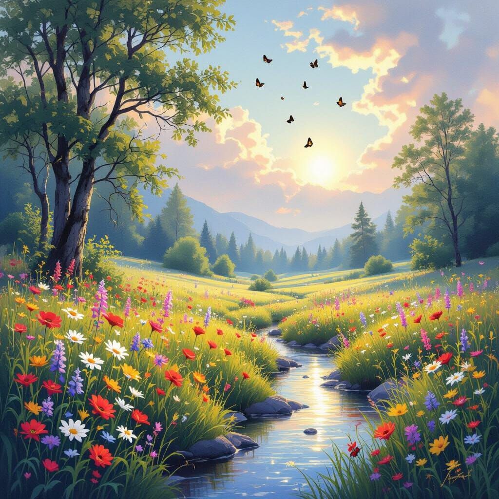 Sun-Drenched Meadow with Wildflowers in Watercolor Style