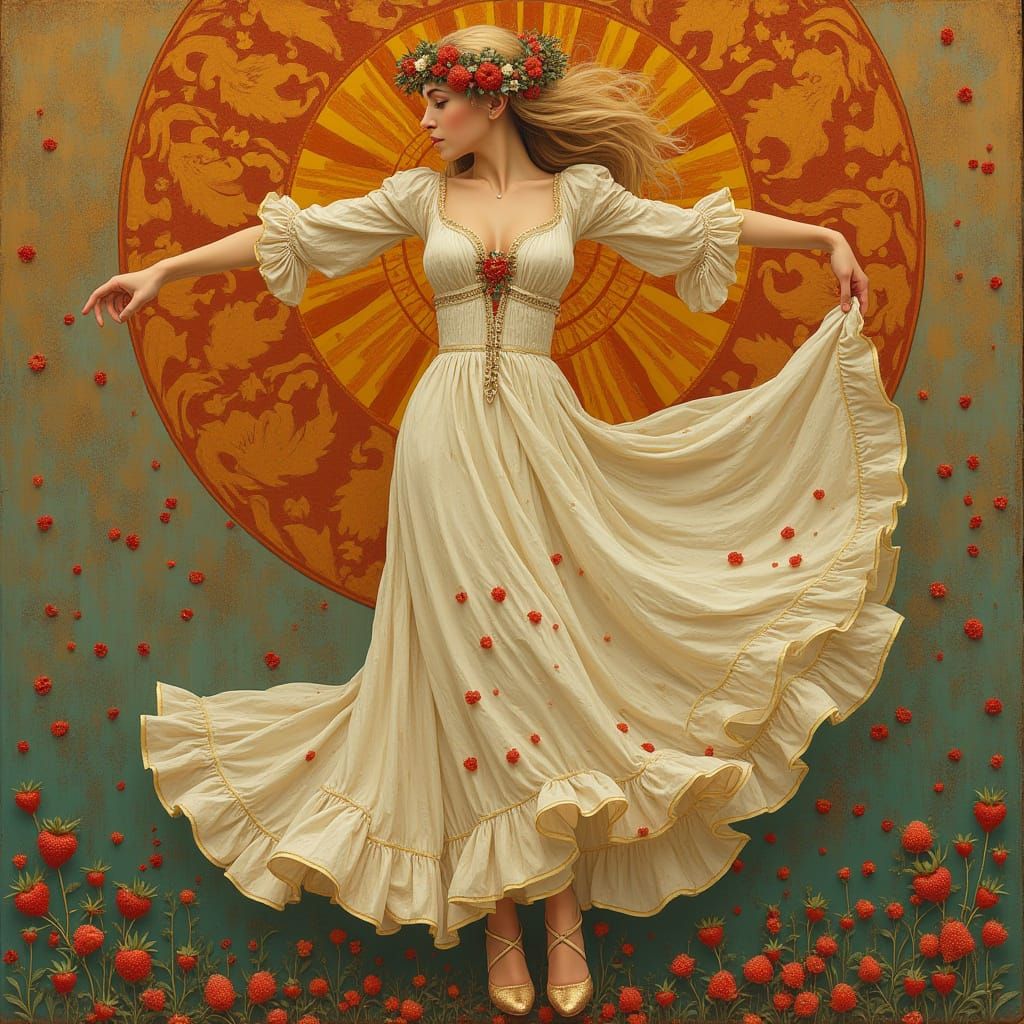 Ethereal European Woman in Mousseline Gown with Straw Crown