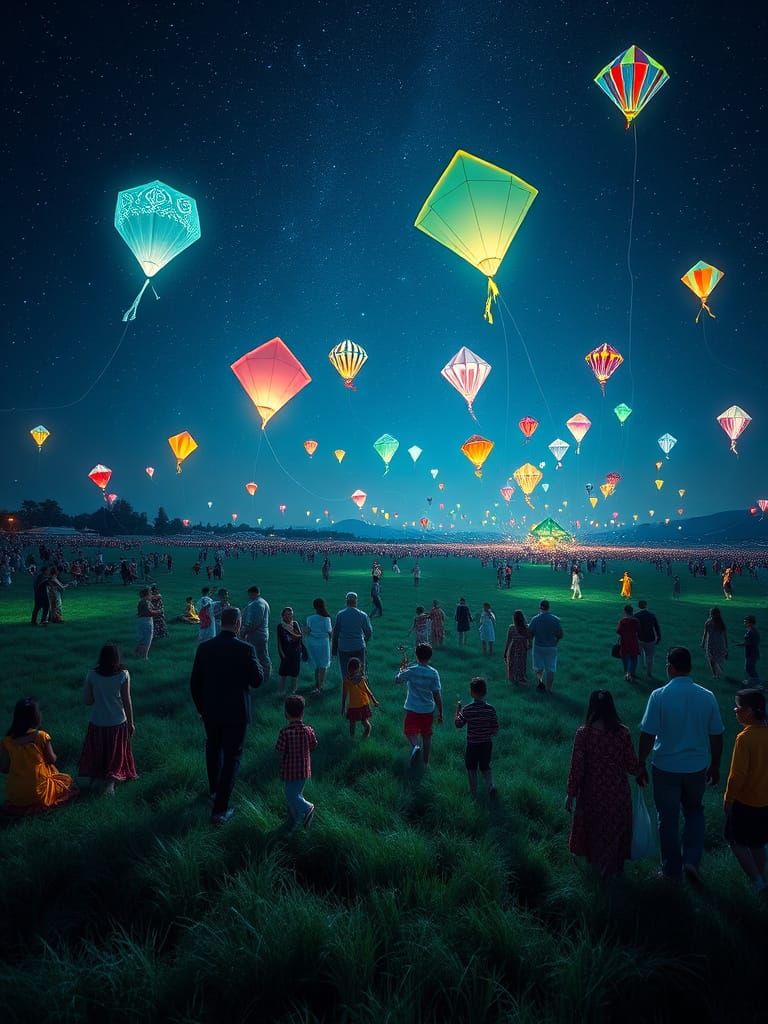 Celestial Family Kite Gathering in Vibrant Traditional Attir...