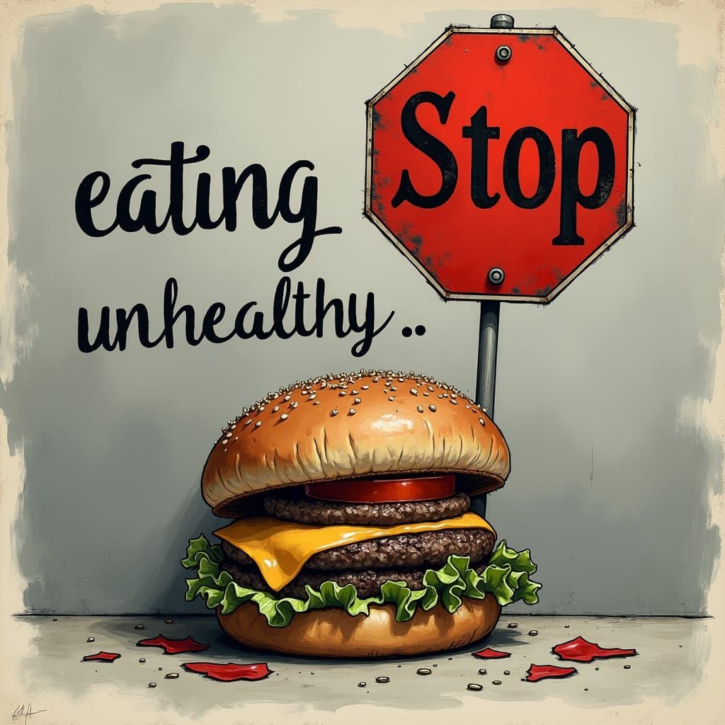 Distressed Hamburger Still Life with Calligraphy