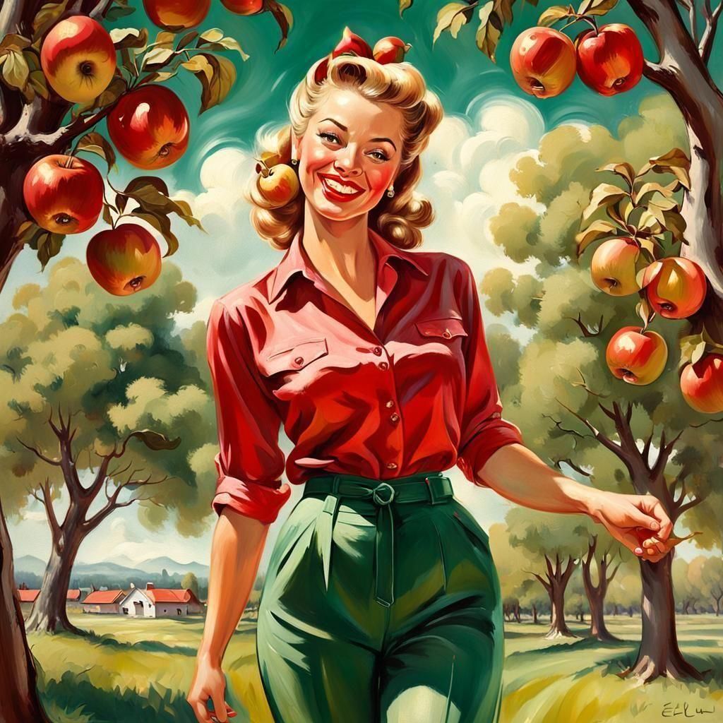 Vintage Pin-Up Girl Amongst Apple Trees