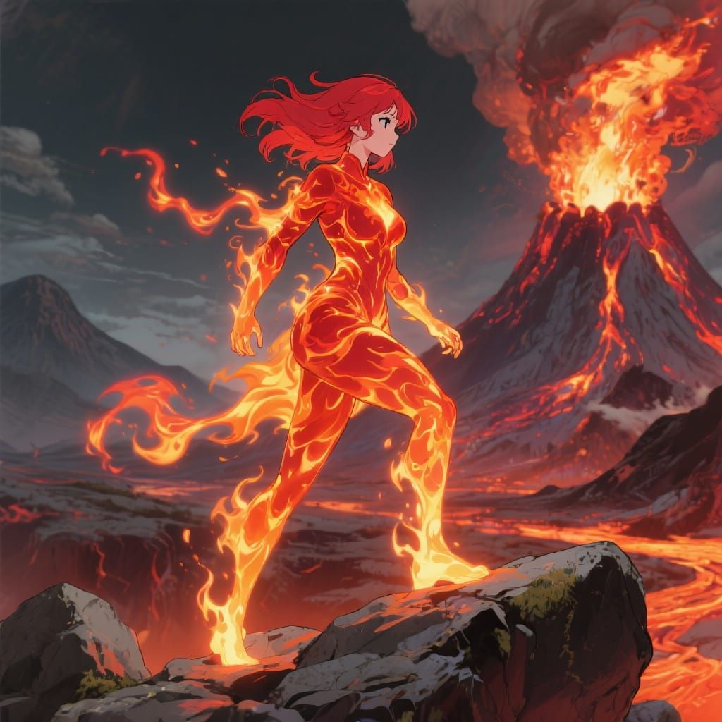 Red-Headed Fire Elemental Woman in Anime Style