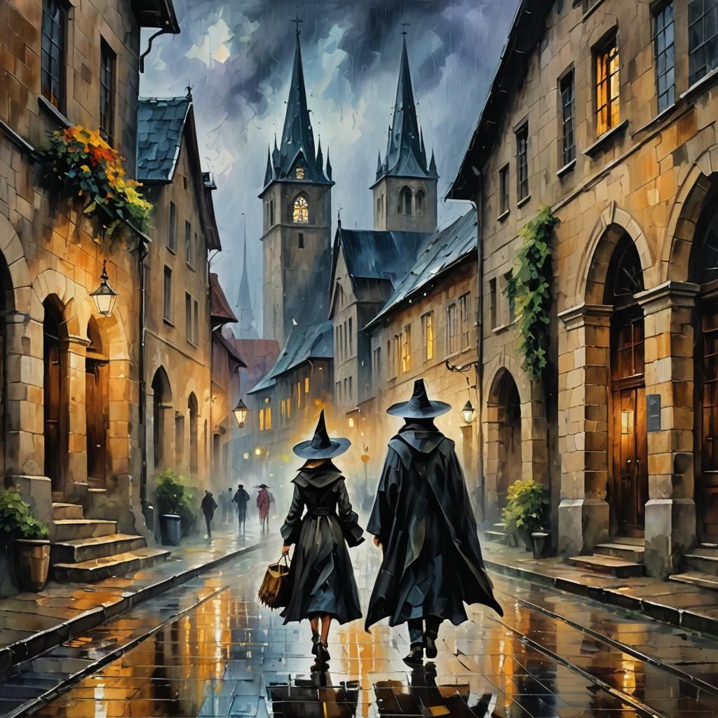 Weary Witch Enters Church: Impressionist Oil Painting