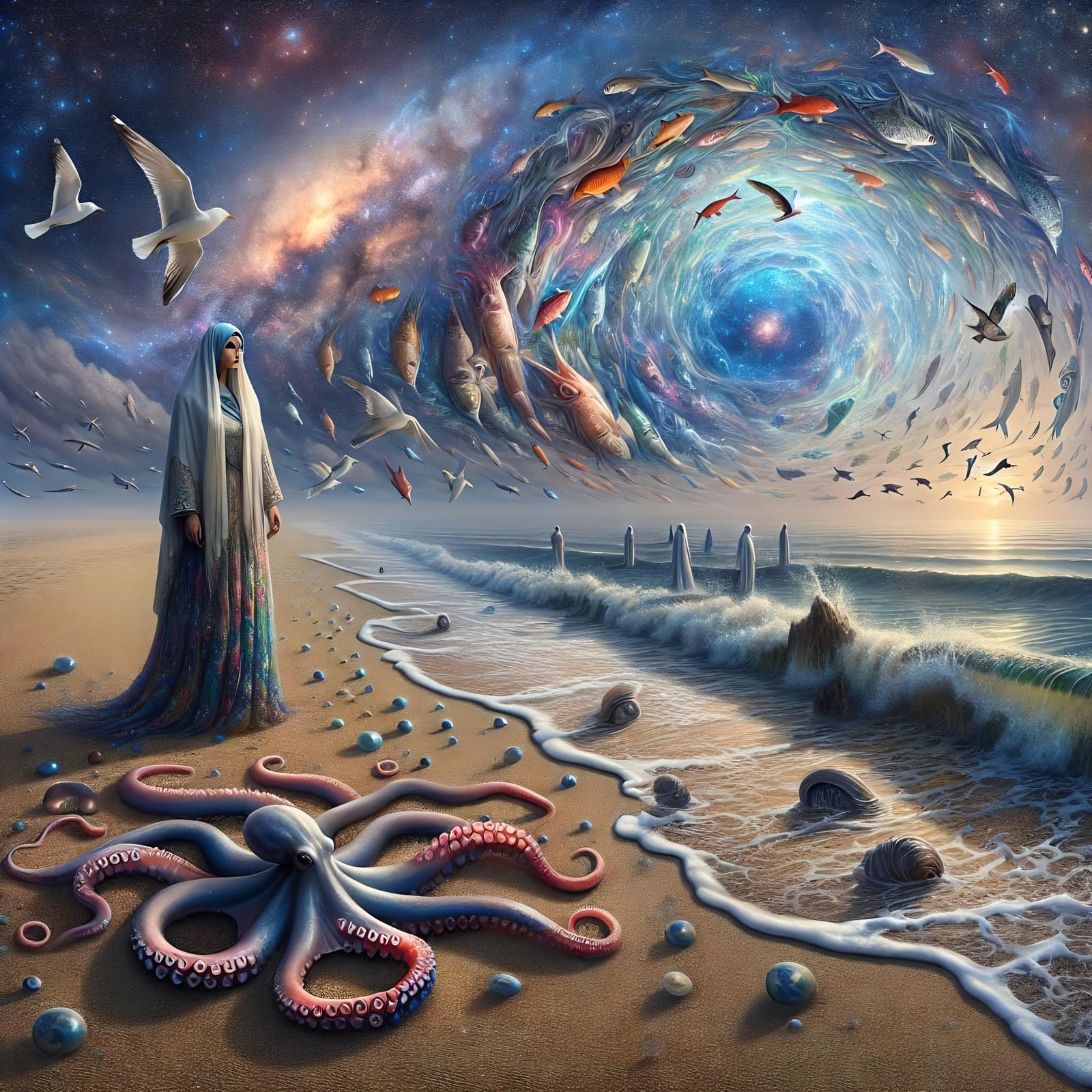 Surreal Beach Scene with Woman and Marine Life