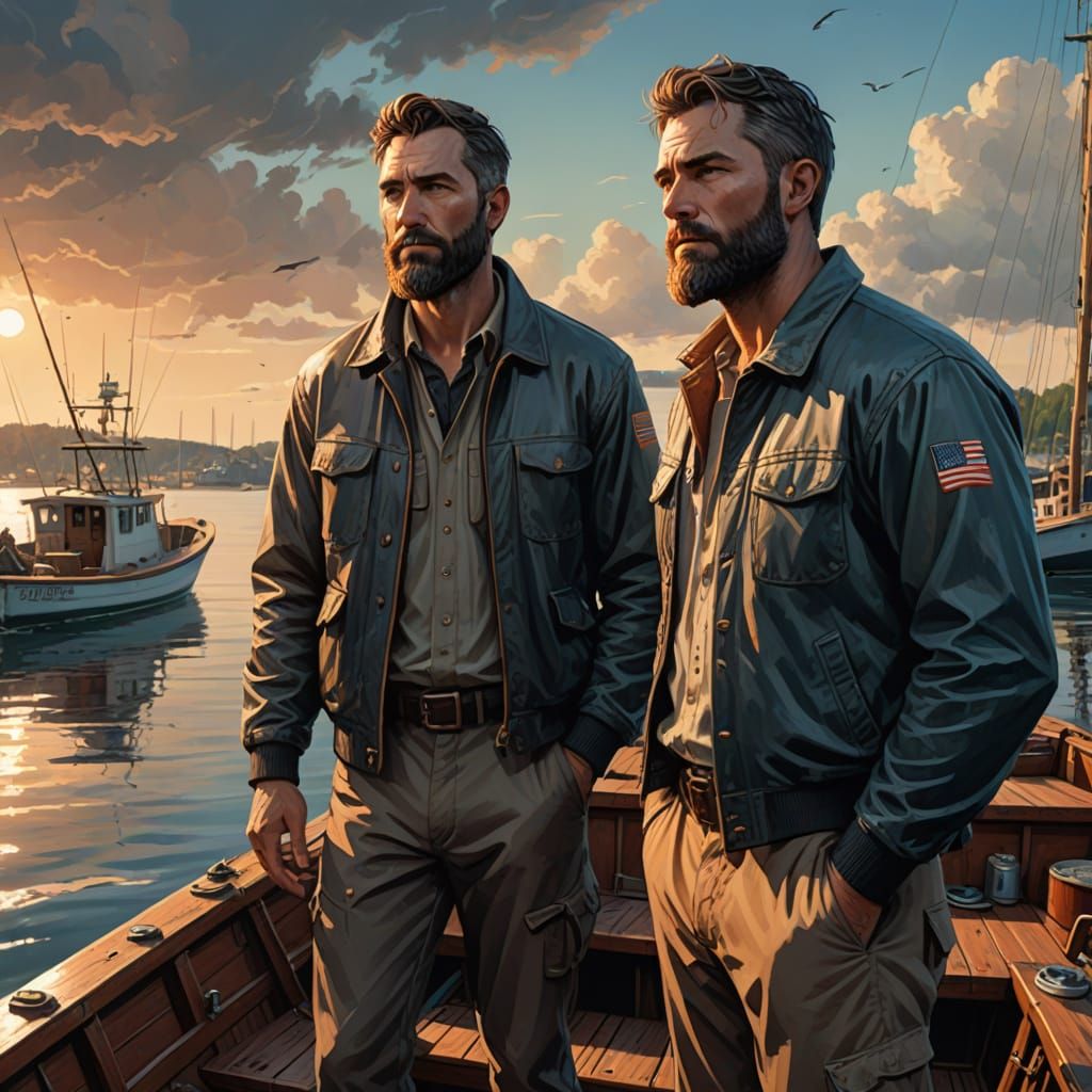 Men on Fishing Boat Near New England Waterfront