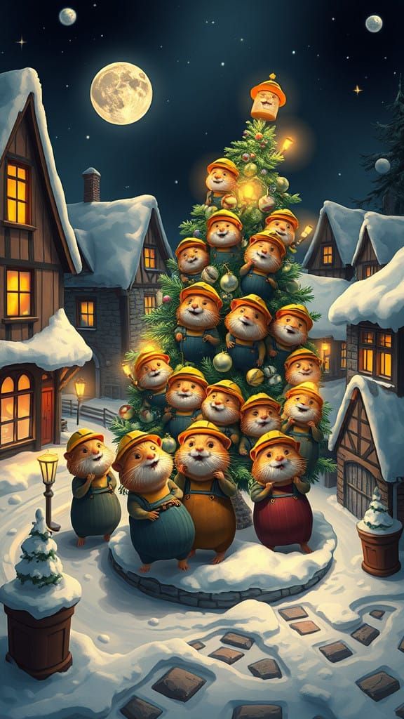 Whimsical Christmas Hamster Miners in a Quaint Snowy Village