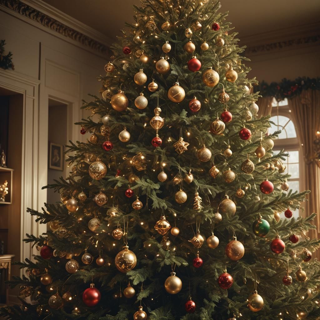 Lavish Christmas Tree in Golden Light: Digital Art