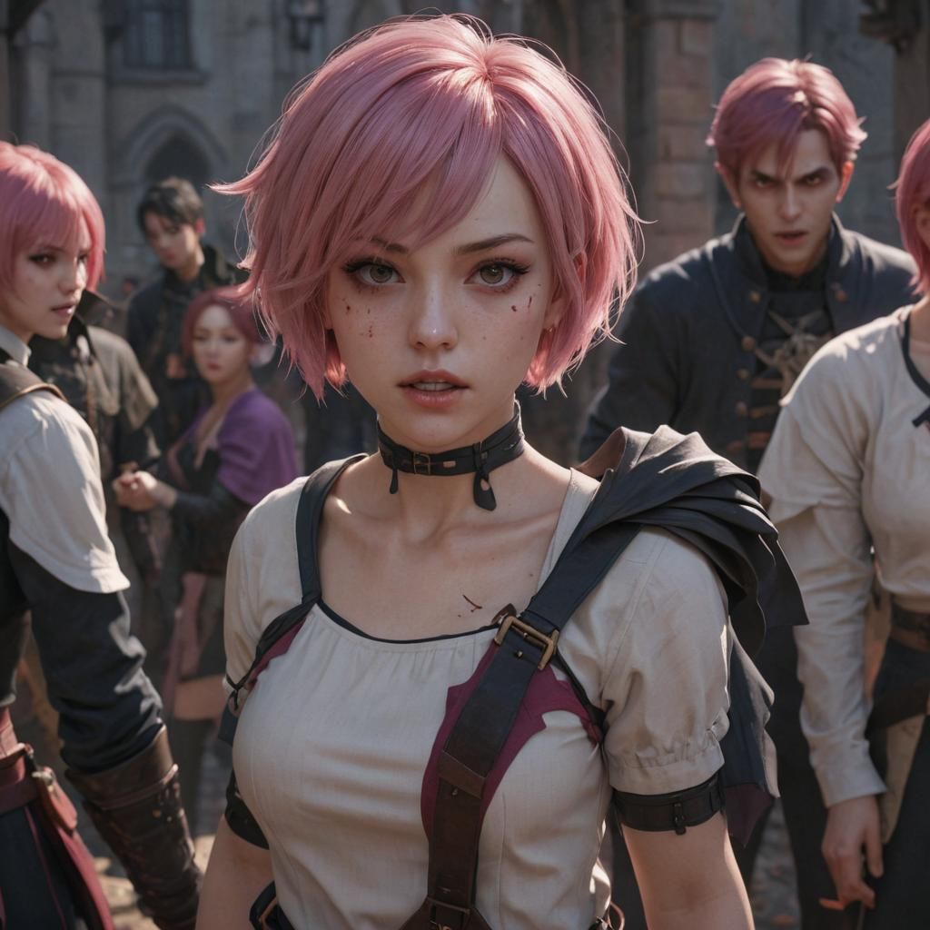 Pink-Haired Warrior in Anime Style