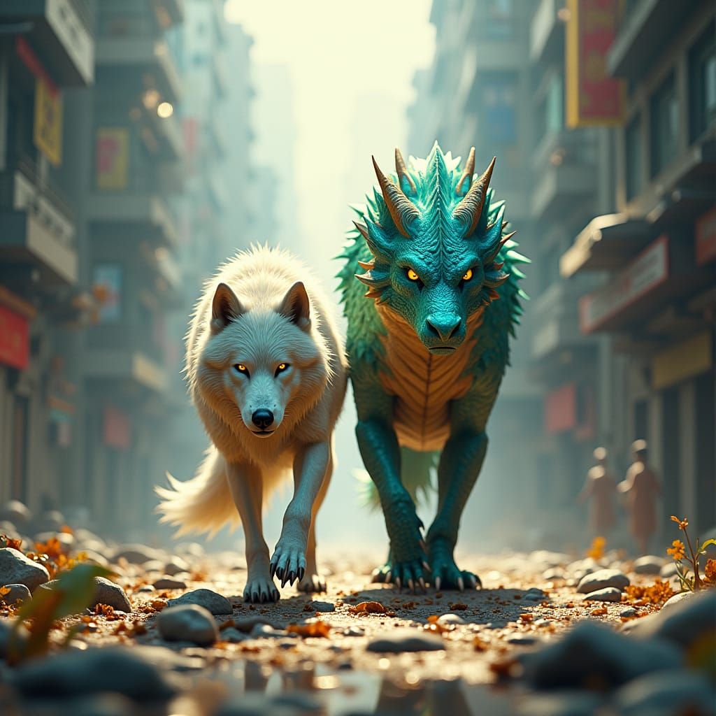 Wolf and Dragon Stroll Through Metropolis in Digital Art