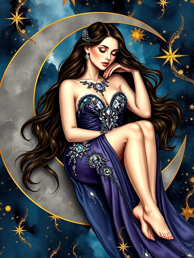 Celestial Beauty on Crescent Moon in Art Deco Style