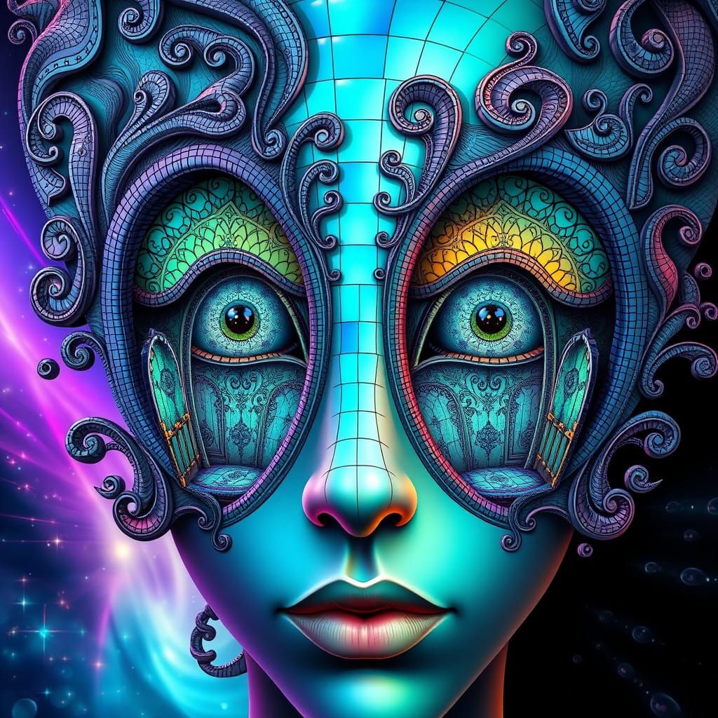 Surreal Portrait with Escher-Inspired Doors and Fractal Patt...