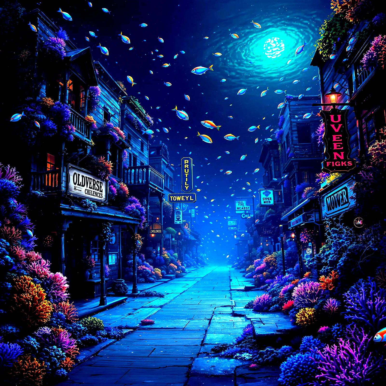 Underwater Post-Apocalyptic Western Town in a Vibrant, Surre...