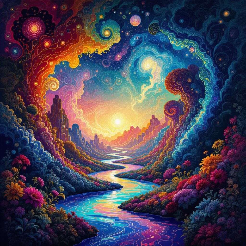 Vibrant Psychedelic Landscape with Swirling Organic Forms