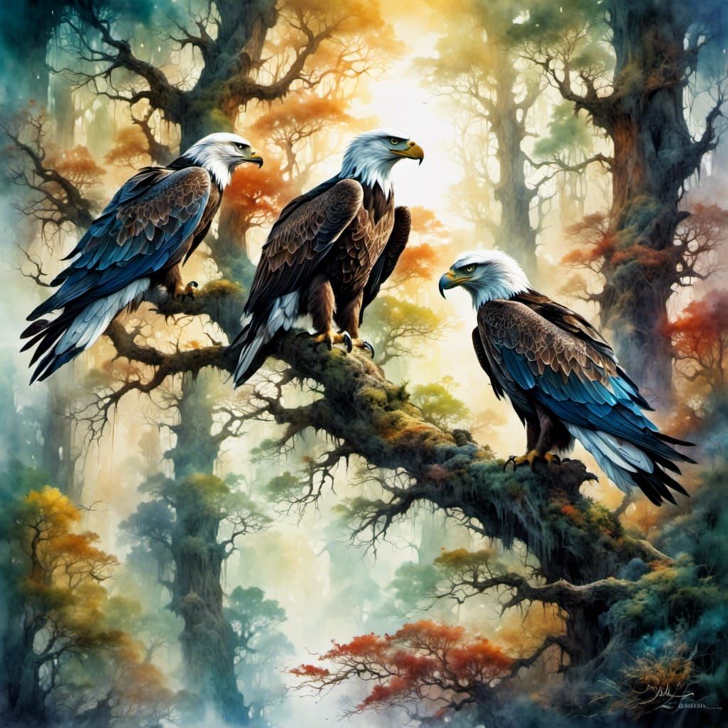 Eagles in Misty Forest: Surreal Wildlife Art