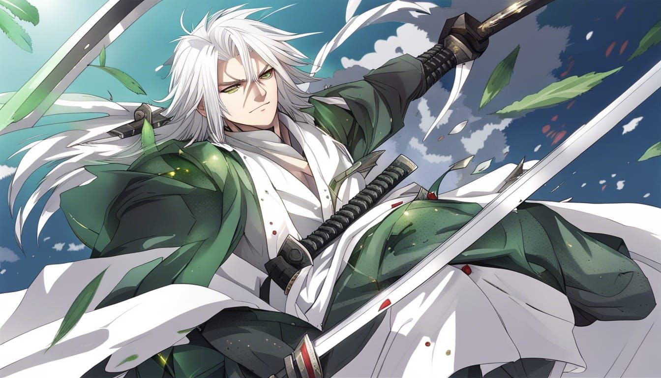 Scarred Samurai with Green Sword in Anime Style
