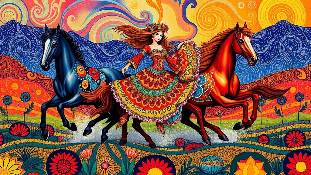 Flamenco Dancer and Horses in Surrealist Landscape