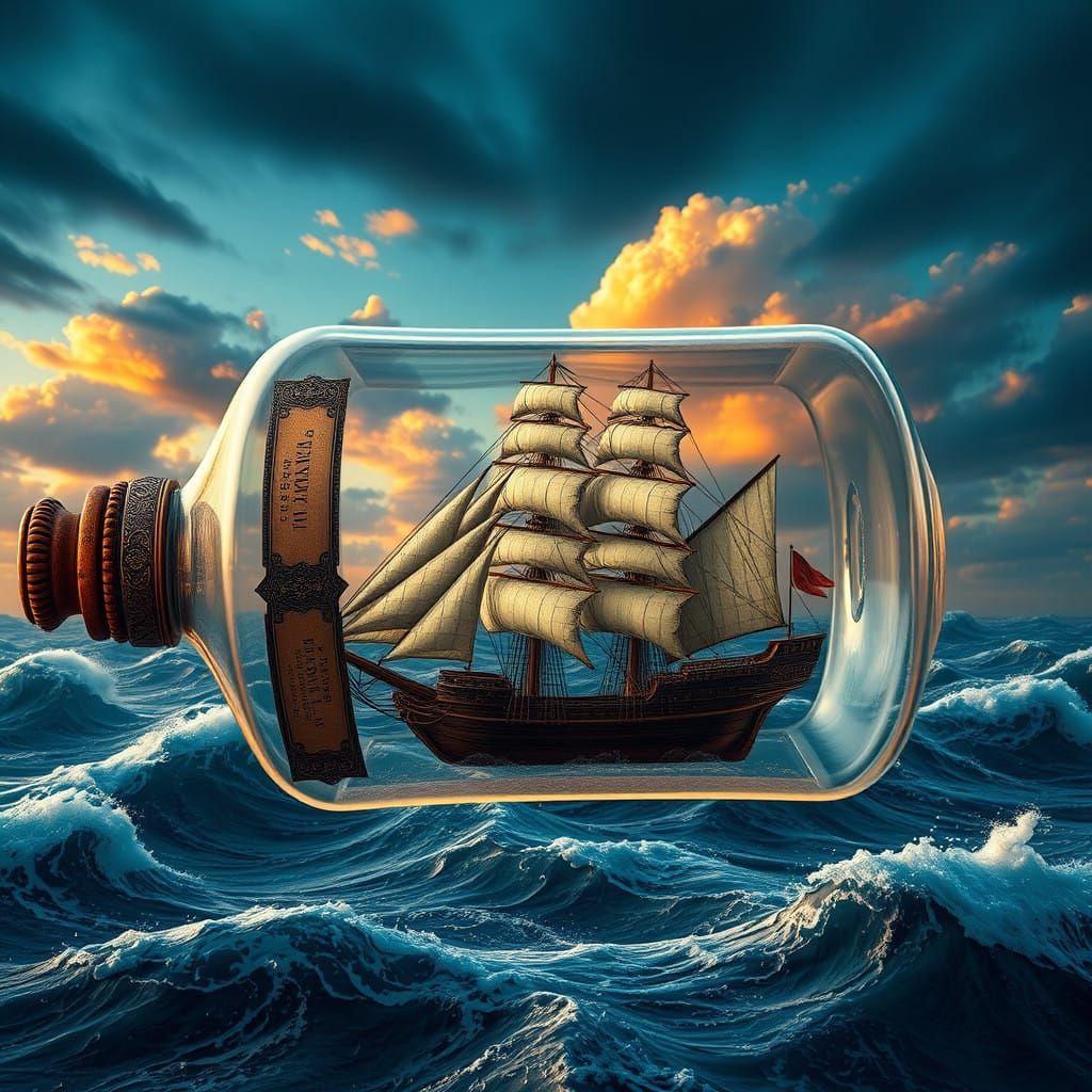 Vintage Ship in Bottle, Suspended over a Turbulent Sea