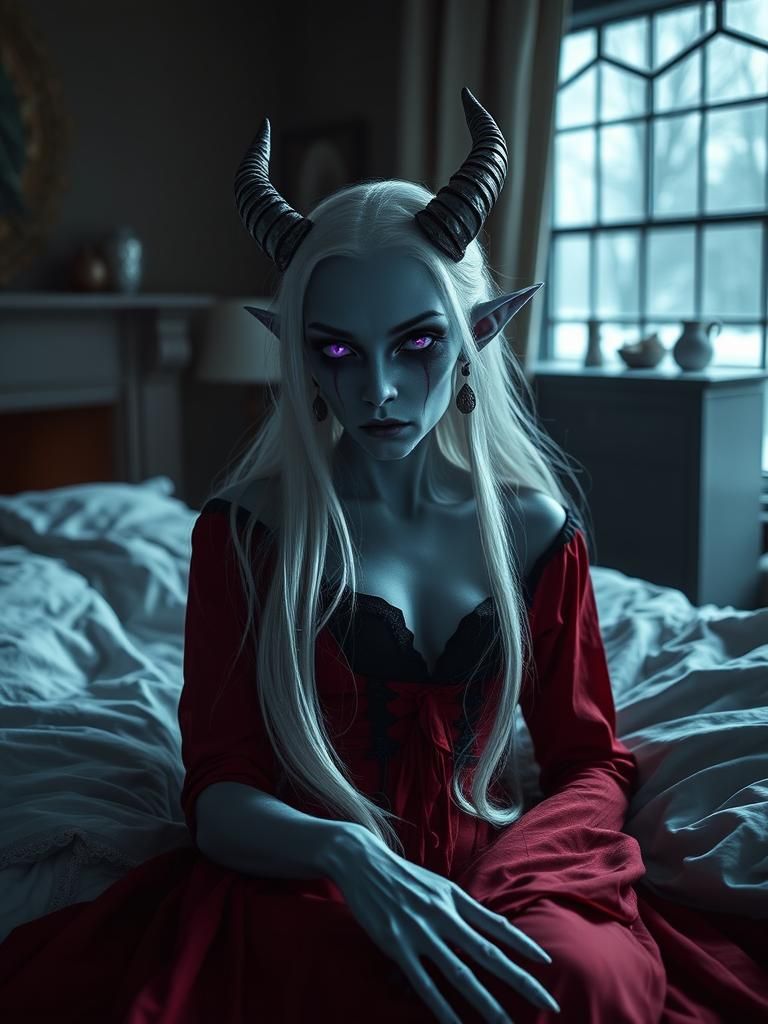 Ethereal Demon in Bedroom, Dreamlike Photography