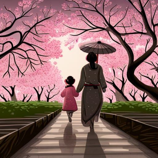 Mother and Daughter in Japanese Garden as Woodblock Print