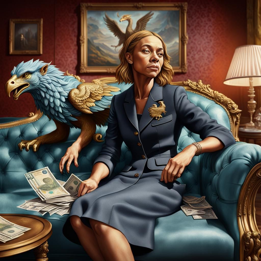 Griffin and Woman on Settee: Hyperrealistic Splash Art