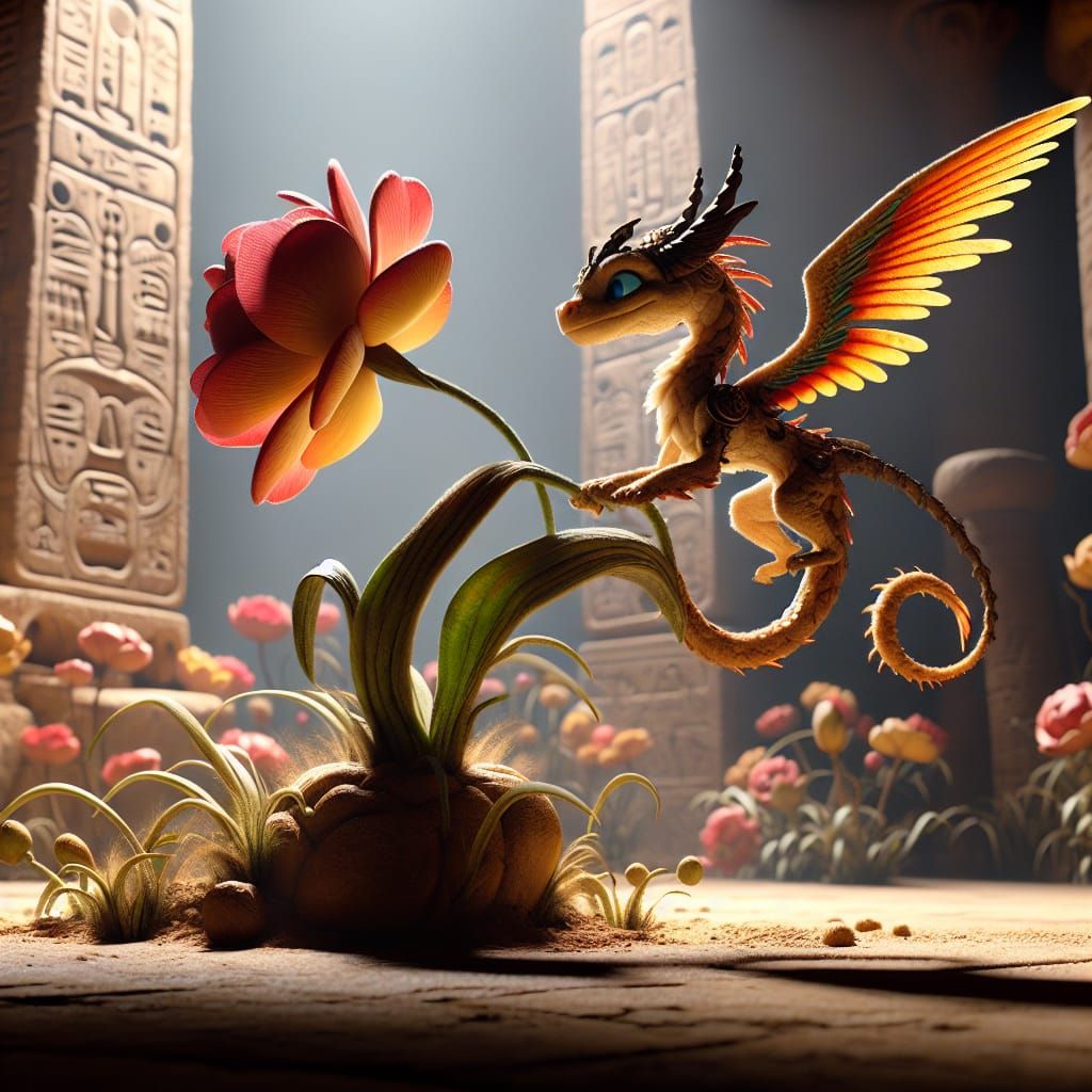 Egyptian Dragon Perched on Flower, CGI Render