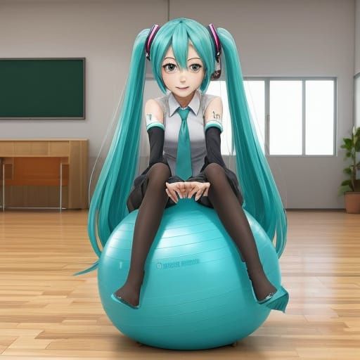 Hatsune Miku in Mid-Air, Bouncing on a Gym Ball at a School
