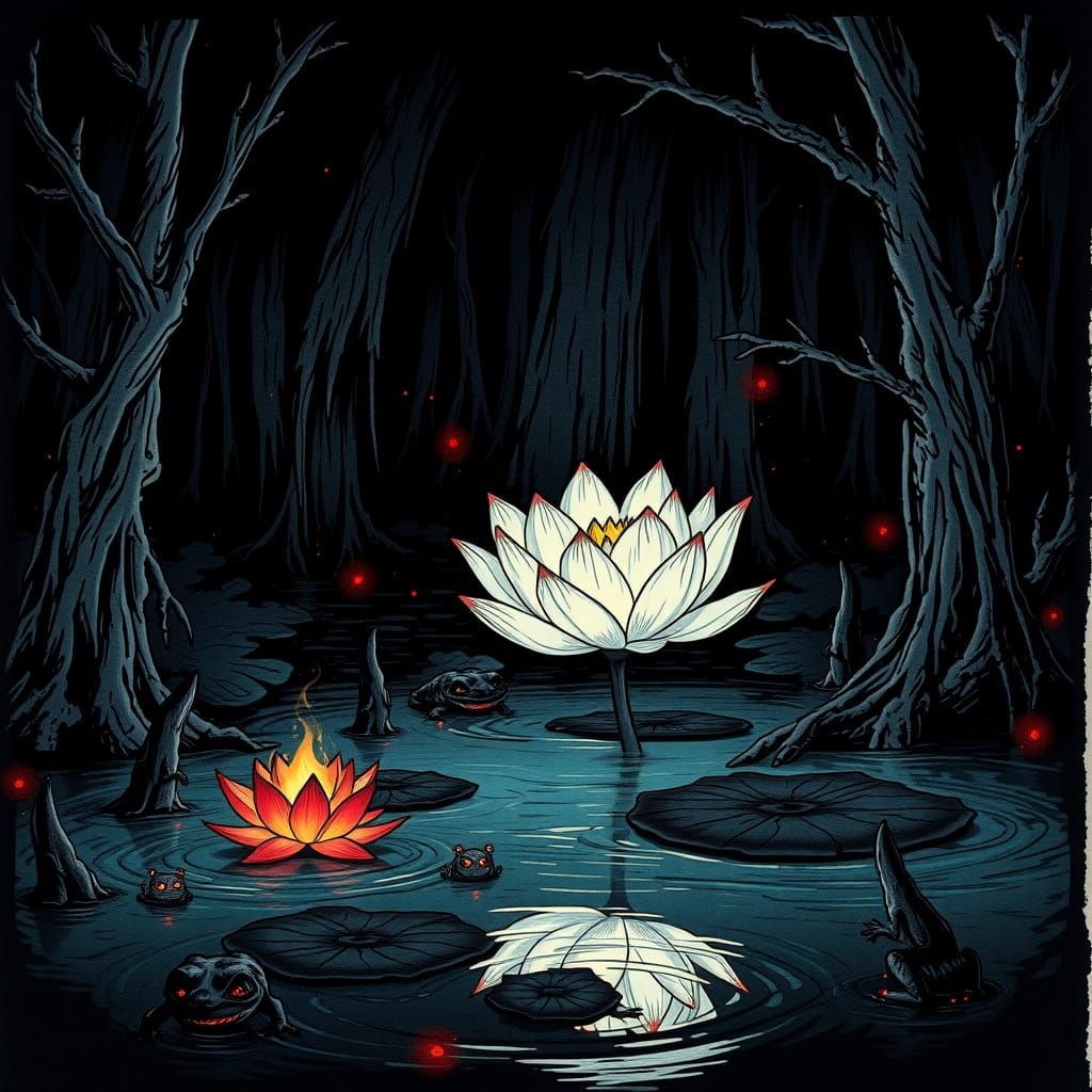 Ethereal Lotus Blooms in Dark Swamp