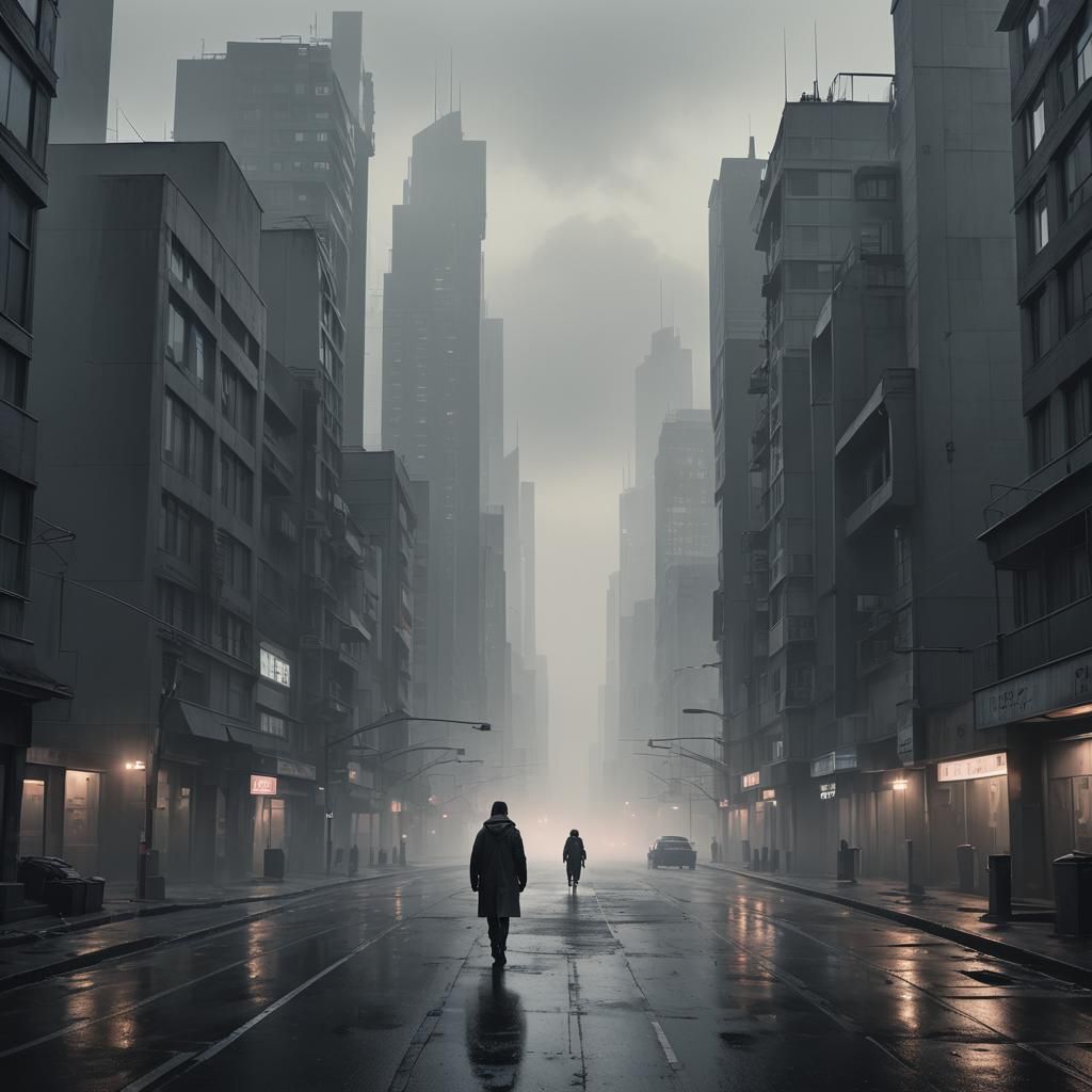 Eerie Grey Cityscape in Digital Matte Painting Style