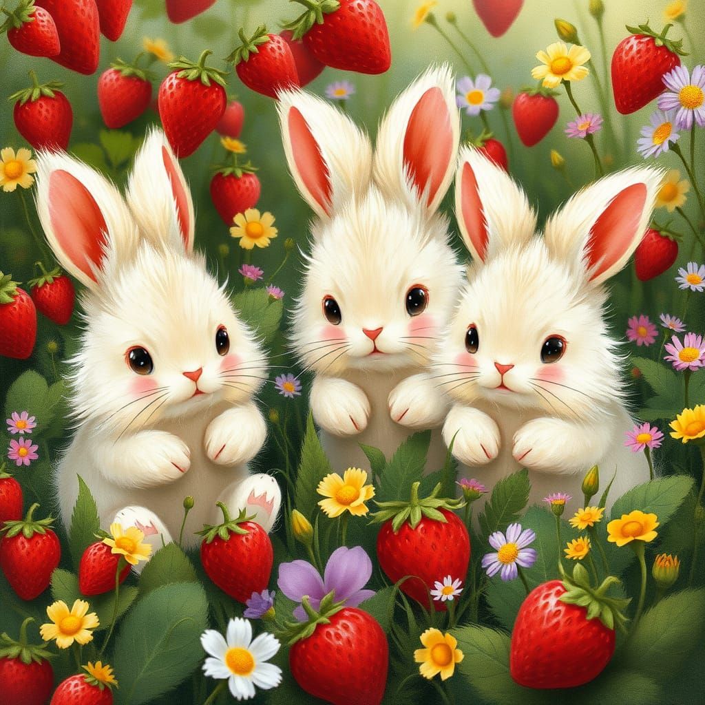 Whimsical Strawberry Bunnies in a Lush Meadow