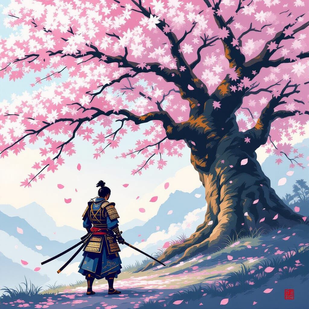Samurai Warrior Under Ancient Cherry Blossom Tree