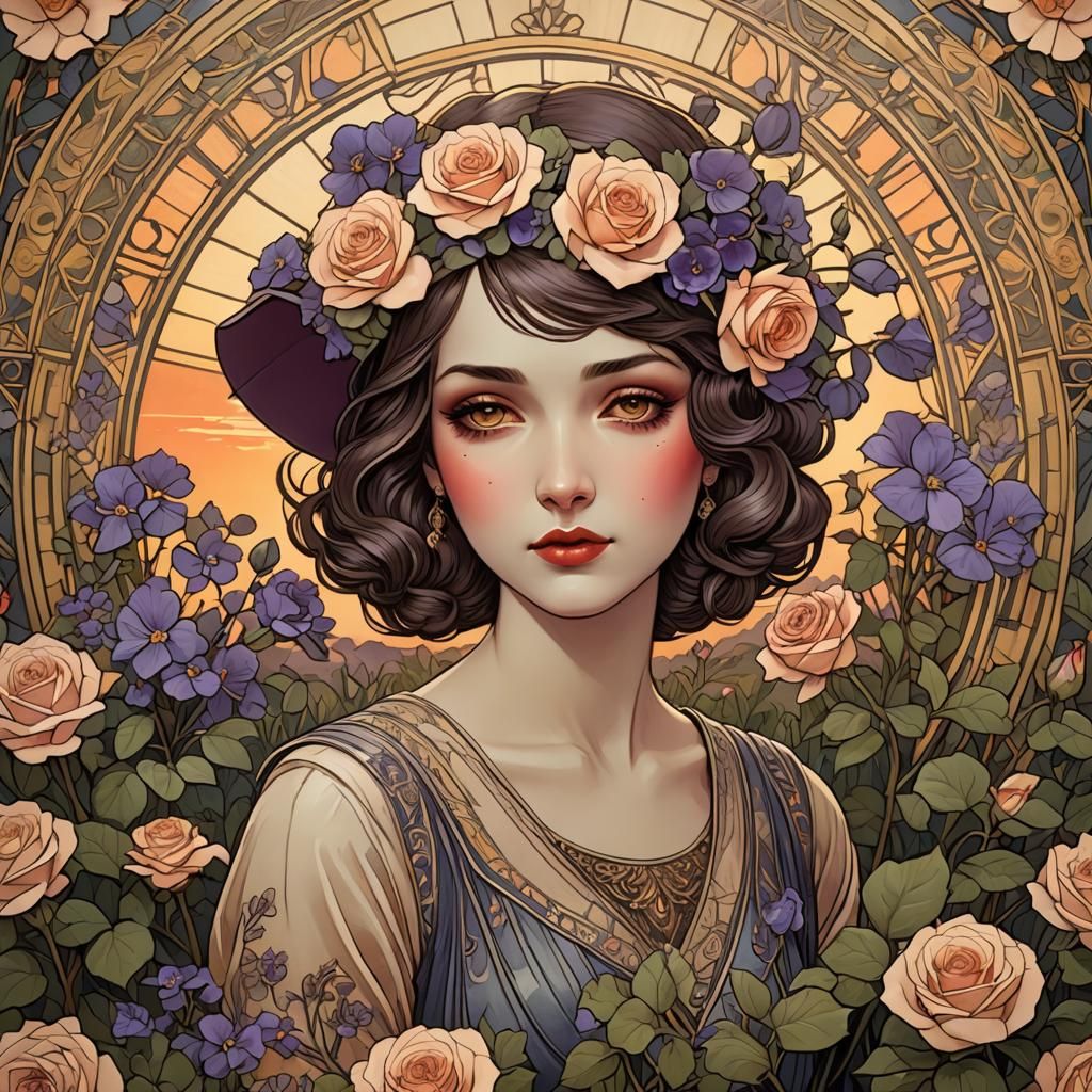 Girl with Flowers: Art Deco Digital Art