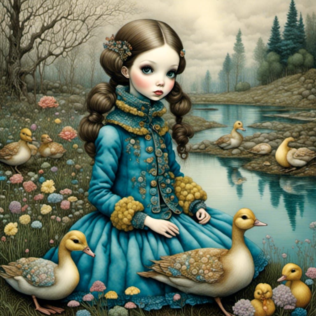 Girl Feeding Ducks: Storybook Illustration
