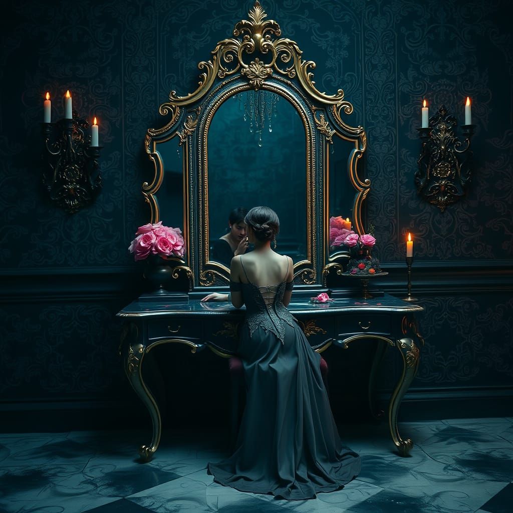 Gothic Baroque Woman at Haunted Vanity