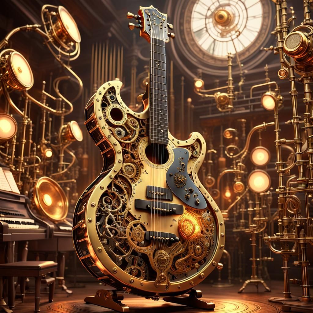 Steampunk Guitar Emitting Musical Notes in Victorian Lab
