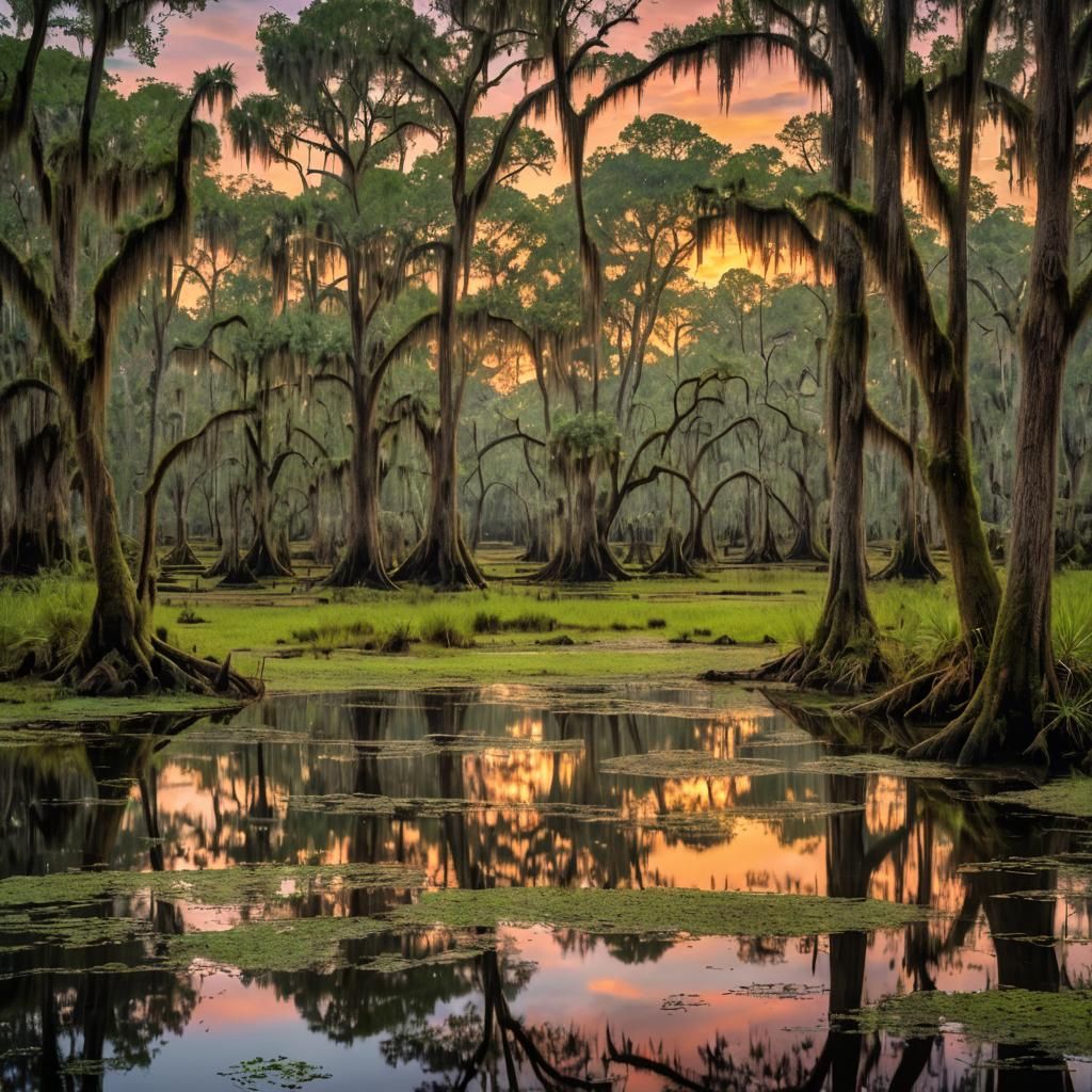 Golden Sunset Over Bayou Swamp: Fantasy Concept Art