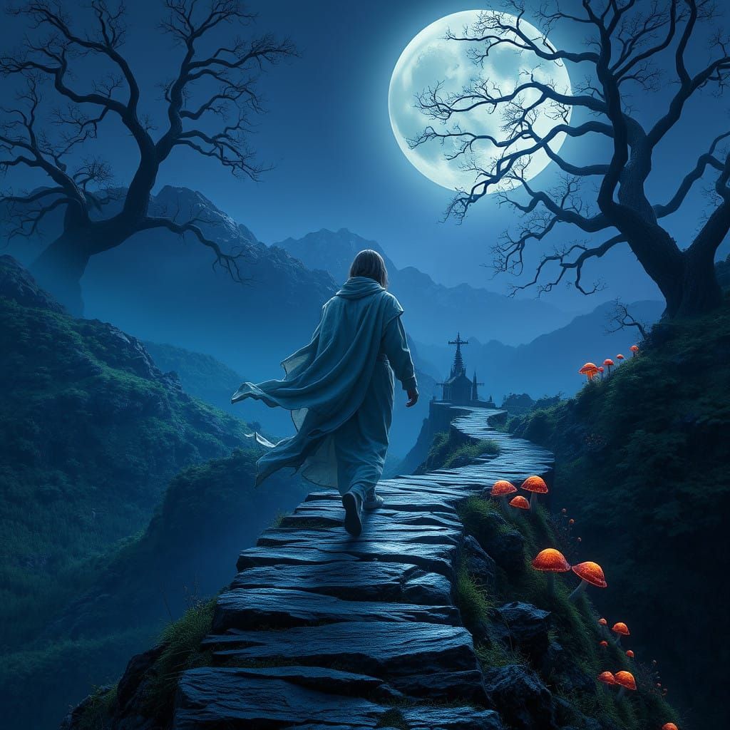 Mysterious Sleepwalker on a Moonlit Mountain Path
