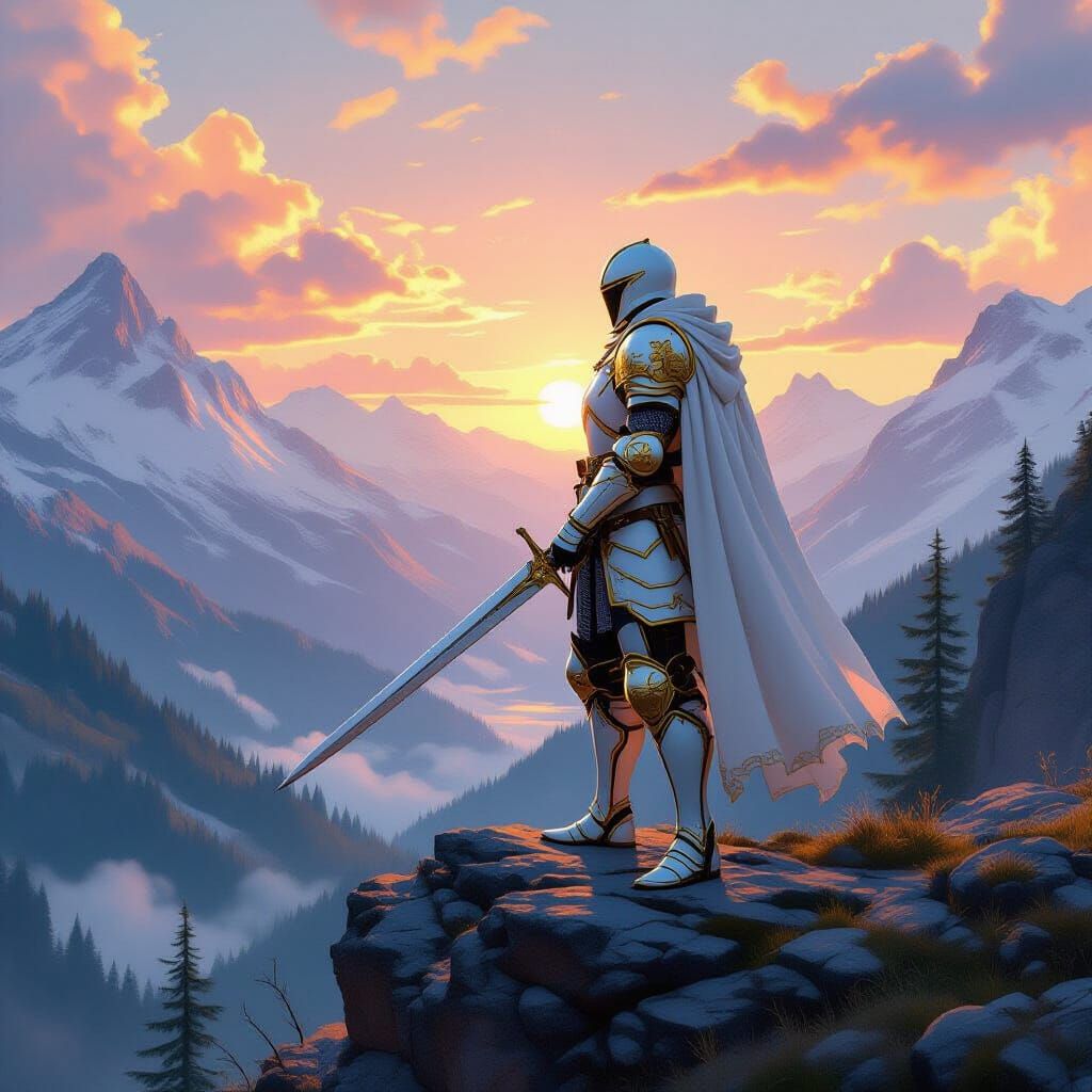 Knight in White Armor Overlooking Ancient Forest