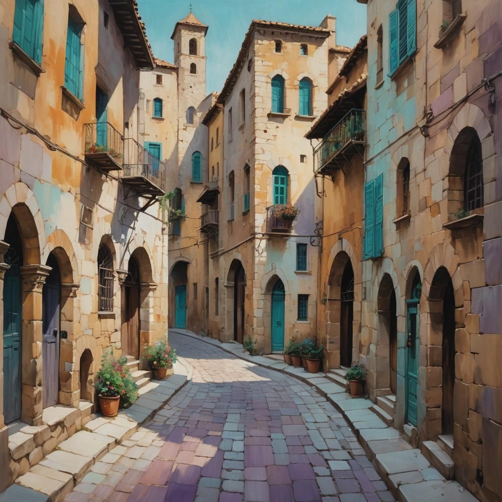 Impressionistic Cityscape Oil Painting with Ancient Building...