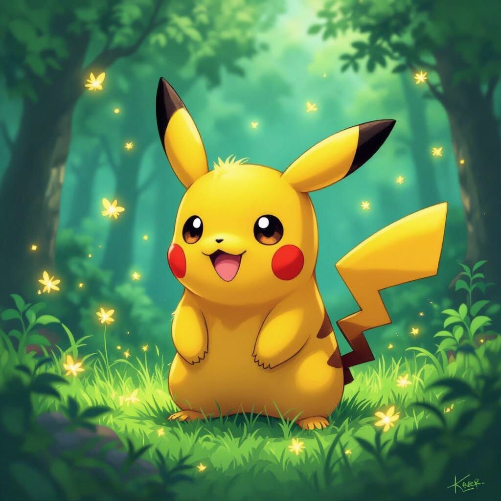 Pikachu in Enchanted Forest with Fireflies