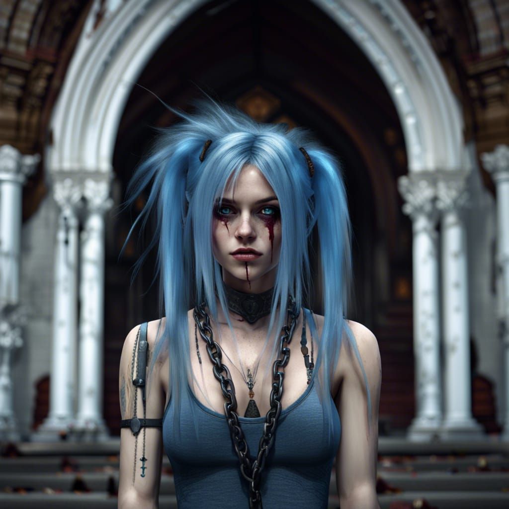 hot emo girl with messy long blue hair and ponytail pulled by chain tied to hands in front of old church with dirty ripp...