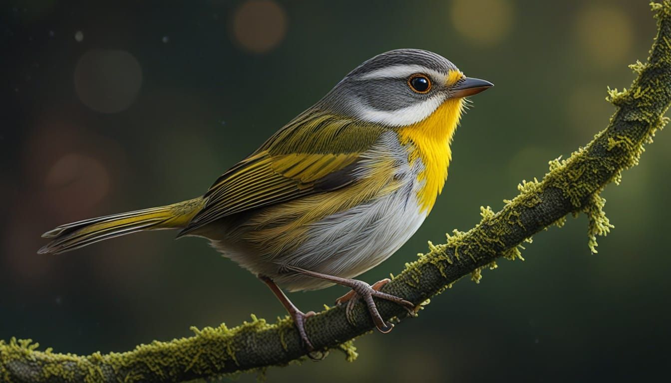 Yellow-Throated Fulvetta Bird Perched on Mossy Branch