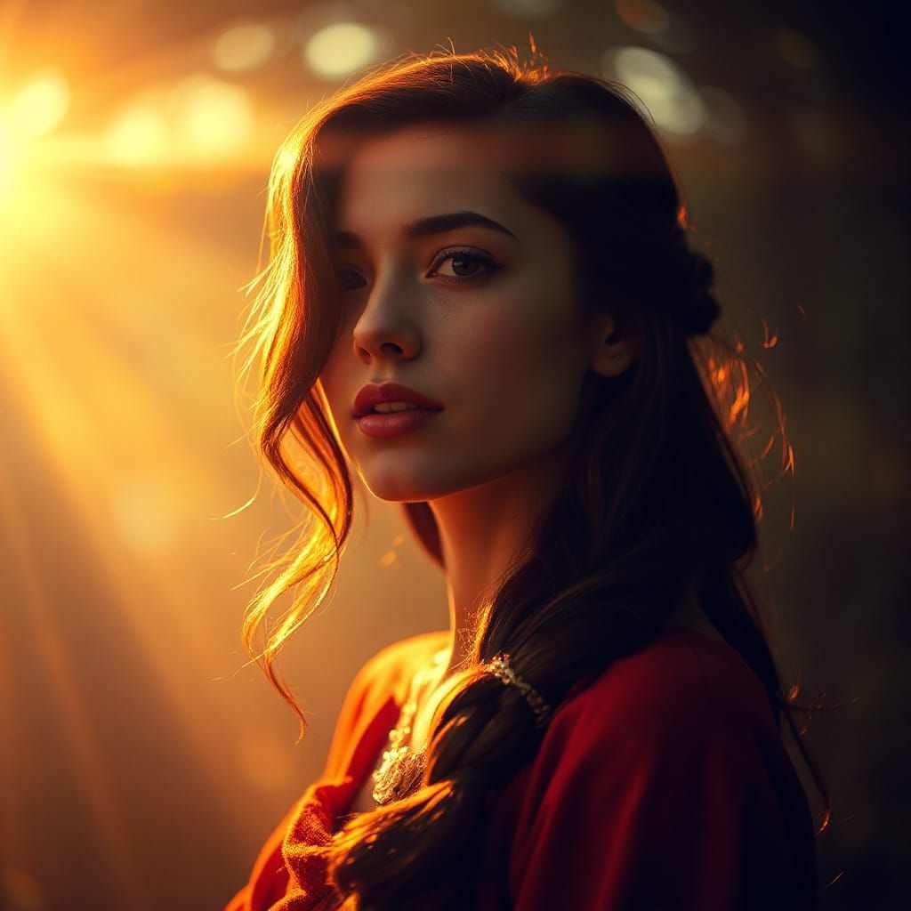 Mystical Woman in Dreamlike Golden Light, Cinematic Style