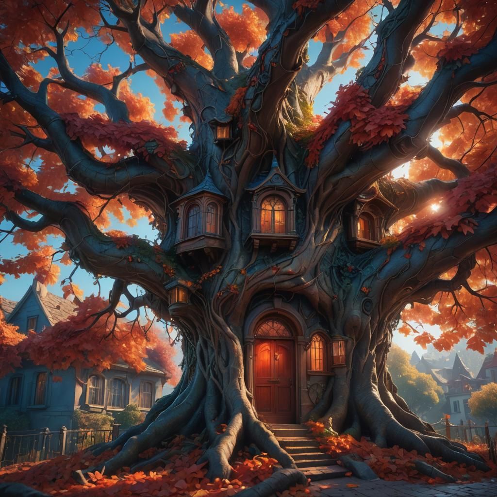Majestic Tree House in Autumnal Fantasy Landscape