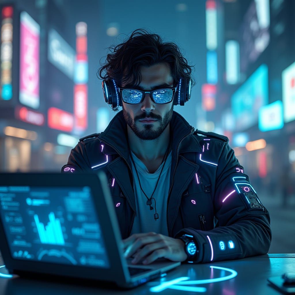 Futuristic Cyber-Tech Professional in Neon-Lit Workspace