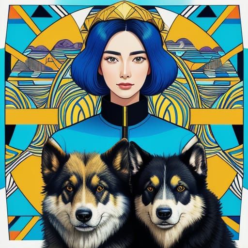 Woman With Shepherd Dogs Screen Print Splash Art