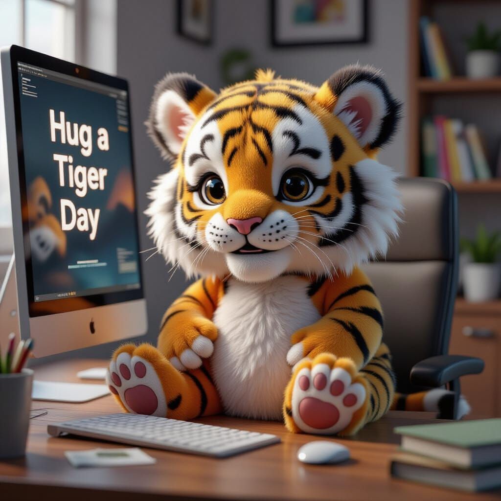 Fluffy Stuffed Tiger at Computer for Hug A Tiger Day